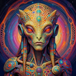 surreal portrait of alien robotic mesh, topmod, psychedelic neural tiki reptile stone god by naoto hattori, android jones, and chris dyer, bold colors, honeycomb, galactic dmt entity, subsurface scattering, volumetric lighting, intricate beautiful painting, billions of details, octane render, portal, 8 k, detailed vector