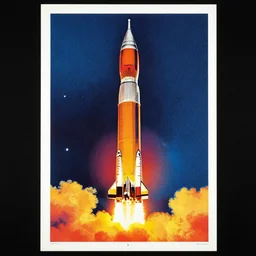 a poster showing pop art of the saturn 5 rocket at liftoff