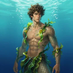 portrait of a beautiful young fit male fish - man with curly hairs, dressed in fluent clothes made of seaweeds and nets, by greg rutkowski and alphonse mucha, d & d character, gradient cyan to blue, underwater bubbles background, highly detailed portrait, digital painting, artstation, concept art, smooth, sharp focus ilustration, artstation hq