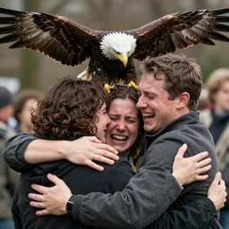 4k eagle shot of some people hugging each other, some are crying of joy