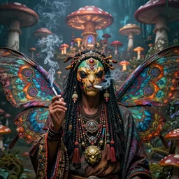8K headshot Portrait of centered chest up of a psychedelic godlike mothman shaman with moth face and giant mandala wings smoking a hand-rolled cigarette smoking heavily , magic mushroom village in background , post-processing , award winning. superb resolution. in the art style of junji Ito and greg rutkowski . Detailed Mushroom city in background. Hyper realistic anime. Perfect art. Dalle2
