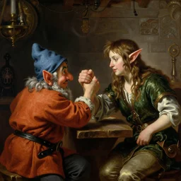 baroque oil painting of a dwarf and an elf arm wrestling in a tavern