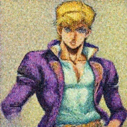 an oil painting of blond David Bowie in purple jacket and light green shirt in style of Kira Yoshikage from JOJO.