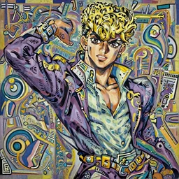 an oil painting of blond David Bowie in purple jacket and light green shirt in style of Kira Yoshikage from JOJO.
