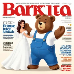 a cartoon bear with white t - shirt and blue dungarees dancing with his girlfriend with wedding suit. cover of a polish weekly magazine about brand heroes