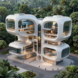 highly detailed futuristic architecture by Le Corbusier, floating buildings, reflective lighting, empty streetscapes, surrounded by lush green vegetation, ground-level view, puddles of water, stunning volumetric lighting, sunset, cright colors, in the style of pixar animation, trending on Artstation, 8k, photorealistic, ray tracing, hyper detailed, unreal engine 5, cinematic, epic lighting, cryengine, octane render, cyberpunk, red and orange glow, vibrant