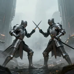 hyperrealism fantasy knight characters fight scene concept portrait, digital art, wallpaper of an fantasy fight, background of sci fi city in fog, diffused lighting, 8 k dop hdr