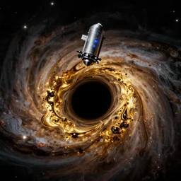 black hole devours an ocean of fluid gold, james web telescope, hubble telescope, interstellar, 8 k, hyperdetailed, realism, big depth of field