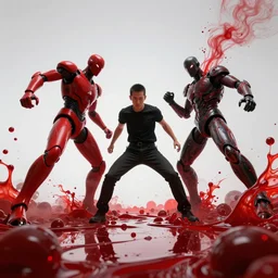 chenso man designed by yasushi nirasawa and hr giger, action shot wide angle lens, red fluid everywhere - 9 6 0