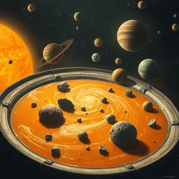 all planets and moons of the solar system in a cosmic dish of soupe, by greg rutkowski, trending on artstation