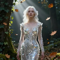 portrait of a white haired woman wearing a crystal dress, autumn leaves falling, dramatic volumetric lighting, god rays, global illumination, soft, sharp focus, sci-fi, ivy, moss, trending on artstation, intricate concept art by Greg Rutkowski and artgerm and Ruan Jia and Alphonse Mucha