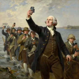 oil painting of Washington Crossing the Delaware but everyone is looking at cell phones and Washington is taking a selfie