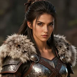 close - up headshot portrait of a gorgeous and pretty barbarian woman, plated fur leather armor, chest plate, highly detailed, muscular, very beautiful face, digital art, pixiv fanbox, trending on artstation, ray tracing, volumetric lighting, sharp focus, unreal engine 5, octane render, by greg rutkowski, wlop, miyazaki hayao
