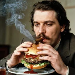 stalin eats burger with ketchup while smoking cigar
