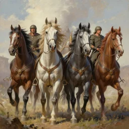 a highly detailed beautiful digital painting of the four horseman, by craig mullins, james gurney