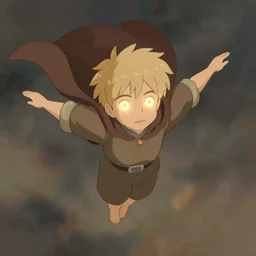 blonde boy with glowing golden eyes wearing a brown cape and flying in t pose, in the style of studio ghibli, artgerm