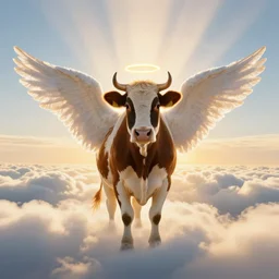 a photograph of cow with angel wings angel wings and halo standing in cloudy heaven, golden light, god rays, breathtaking clouds