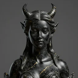 a statue made of a gorgeous devil woman, made of black marble with gold veins, perfect symmetrical face, no eyes, hyper realistic, hyper detailed, fujicolor superia photo, by johannen voss, by peter kemp, by monia merlo, by michelangelo, octane render, blender, 8 k