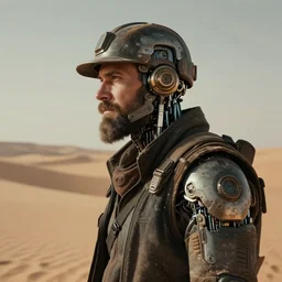 a bearded rugged engineer man with cybernetic enhancements lost in the desert, scifi character portrait by greg rutkowski, esuthio, craig mullins, 1 / 4 headshot, cinematic lighting, dystopian scifi gear, gloomy, profile picture, mechanical, half robot, implants, steampunk