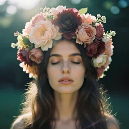 An analog head and shoulder frontal face photography of woman wearing a big!!!!!!! oversize!!!! floral headpiece crown by Oleg Oprisco. Vogue. Long hair. closed eyes. Kodak Portra 800 film. Depth of field. whirl bokeh. Sunshine. detailed. hq. realistic. warm light. muted colors. Moody. Filmic. Dreamy. lens flare. Leica M9, f/1.2, symmetrical balance, in-frame