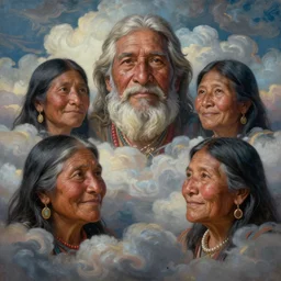 faces of indigenous amazonian grandfathers and grandmothers spirits in the clouds, smiling, protection, benevolence, ancestors, detailed faces, symetrical, religious painting, art by christophe vacher and alez gray