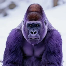 a purple gorila, in snow, close up 4 k