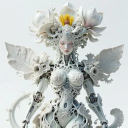 intricate hyper detailed ultra sharp 3 d render of a beautiful porcelain seductive woman portrait, medium shot portrait, bright light, alexandre ferra mecha, cyberpunk mechanical haute couture huge white fractal mycelum and fungi, magnolia goliath head ornaments, big embroidered leaves filigree sinuous roots, yellow pistil, octane render, volumetric cinematic lighting, 8 k, vray tracing