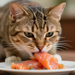 a very high resolution image from a new movie. a cat eating salmon, close up, 2 0 0 mm, photorealistic, photography, directed by wes anderson