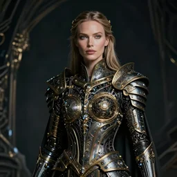 portrait of christine turlington as warrior of dark futuristic robotic world, by alfred gilbert, mysticism, intricate, highly ornate dark gold trim armoury