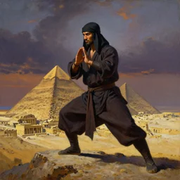 a close dark orientalist portrait of an egyptian / arabic style kung fu - monk in a fighting stance on top of a pyramid overlooking the ancient ruins city of luxor at dusk under dramatic skies, painted by anders zorn and craig mullins