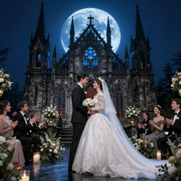 a gothic wedding under a full blue moon, realistic, award - winning, 4 k, high resolution, hdr photograph
