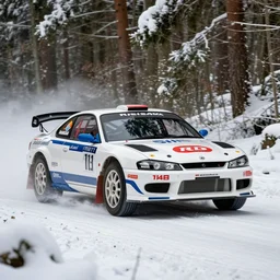 a 2 0 0 0 nissan silvia spec - r, racing through a rally stage in a snowy forest