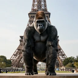 high quality photo shot of a standing gorilla in front of eiffel tower, full body, full body photo, photograph, realistic photo, 8k photo, 4k photo, stock photo, high resolution, cinematic shot, high detail