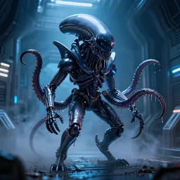 2 8 mm closeup portrait of a wet slimy dripping black metallic chrome mass effect robotic electronic neon cthulhu lovecraft octopus xenomorph alien sentinel drone with glowing eyes in science fiction spaceship hallway, dramatic lighting, octane, blue lights, lens flare, industrial, dirty, trending on artstation, golden ratio, h. r. giger, mist, action, volumetric lighting