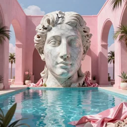 masterpiece, hyperrealistic surrealism, award winning masterpiece with incredible details, epic stunning, infinity pool, a surreal vaporwave liminal space, highly detailed, trending on ArtStation, broken giant marble head statue ruins, calming, meditative, pink arches, flowing silk sheets, dreamscape, palm trees, very vaporwave, very very surreal, sharp details, artgerm and greg rutkowski and alphonse mucha, daily deviation, IAMAG