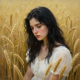 Hyper realistic detailed painting of a Paludnitsa! (in a lush wheat crop). Perfect face, black hair, beautiful, white dress, melancholic!!, dreamlike, highly detailed, sharp focus, digital painting, art by Eddie Mendoza, detailed and intricate environment, highly detailed, award winning art.