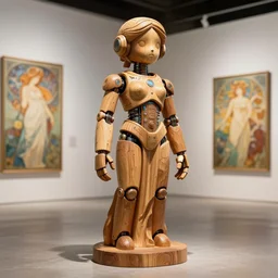 octane render ultra photorealistic hyper detailed, a very very cute wooden mystical statue robot of the roman godess natural, cyberpunk trending on cgsociety, in a contemporary art gallery in neo tokyo artwork by alphonse mucha
