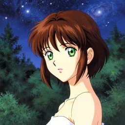anime girl with short brown hair and green eyes, beautiful trees and night sky with stars and galaxies, by ilya kuvshinov, thomas kinkade, artgerm