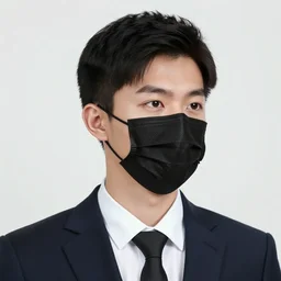 portrait of young man wearing black medical mask, suit and tie, style of james c. christensen