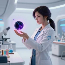 league of legends concept art beautiful young female scientist holding small black hole in her hands, futuristic laboratory in background, art by charles liu, profile shot, white interior, table with test tubes and scientific equipment, fantasy style, soft lighting, vibrant color scheme, volumetric lighting, octane render, commission art, 8 k resolution