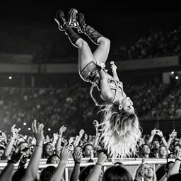 ariana grande back flipping into a mosh pit, playboy carts concert, black and white,