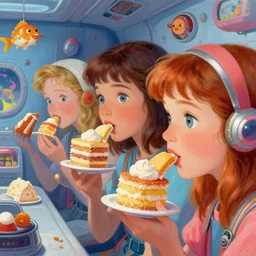 closeup profile portrait of space girls eating cakes in a retro spacecraft, nicoletta ceccoli, mark ryden, lostfish, max fleischer, hyper realistic, artstation, illustration, digital paint, matte paint, vivid colors, bright, cheerful, detailed and intricate environment