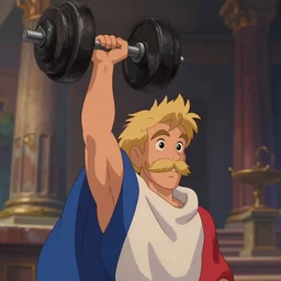 animation still frame of an athletic blond man with a blond mustache lifting a big dumbbell over his head, he is wrapped in french flag, angle closeup portrait, blurry background of an old monument, disney, pixar, bloom, medium shot, dramatic lighting, in the style of studio ghibli, j. c. leyendecker, greg rutkowski, artger