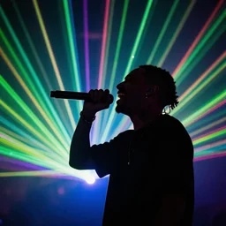 rapper using microphone, laughing, epic angle, profile view, silhouetted, distinct, psychedelic hip-hop, laser light show, beams of light