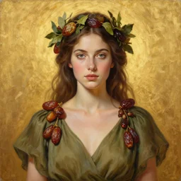epic painting, ful figure portrait of beautiful goddess in olive blouse with with sweet dried dates fruits, medjool dates, dried dates,, tea leaves bridal crown, golden glow background, drawing, photography by amy leibowitz, wlop, jeremy lipkin, beeple, brown hair, symmetrical front facing portrait, artgerm