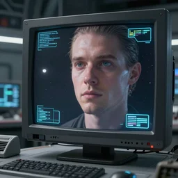 a space ships computer lifelike face on a crt monitor on a control panel, photo realistic, hyper detailed, trending on artstation, unreal engine 5, octane render, 8 k