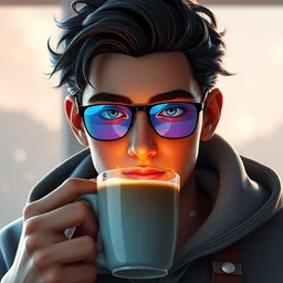 portrait of a ( ( ( grande y azul una taza de cafe ) ) ), ( ( dotado futuristic guapo y joven espanol alegre ) ), tomande cafe, lleno de estrellas y magia, el sol, 3 d photorealistic, concept character, by filip hodas, trending on artstation