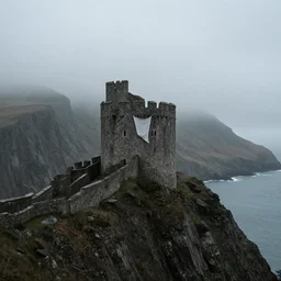 single stone medieval castle tower on a cliff side, cloth is draped from the castle tower, dense fog, rain, moody, low key, desaturated colors, surrounded by cliffs, hills and ocean, wide shot
