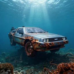 rusted barnacle covered delorean at the bottom of the ocean, artstation, cinematic lighting, zenith view, ultra wide angle, 8 k