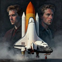 portrait of the ( ( space shuttle ) ), colorful, modern art deco, mads berg, karolis strautniekas, christopher balaskas, stippled light, moody, fine texture, editorial illustration, dramatic lighting, dynamic composition, detailed, matte print, dynamic perspective, muted color, ( ( victo ngai ) ), wide angle, low fog